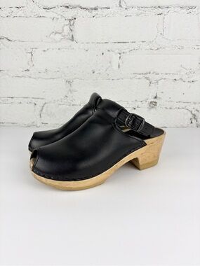 Sven Black Leather Halter Top Wooden Clog Heel 37